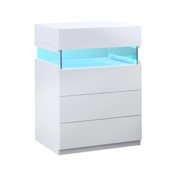 English Elm Nightstand with Led Backlighting Acrylic Panel Four Drawers Modern Bedroom Side Table White W2178P246212