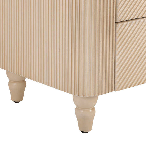 English Elm Mid-century Fluted 3 Drawer Nightstand with Gourd Legs and Gold Tone Handles for Bedroom Champagne N761P285712E