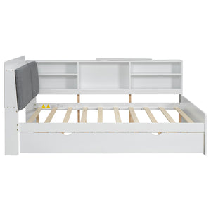 English Elm Wood Full Size platform bed with trundle, built-in storage headboard and shelves, sturdy pine frame White GX002055AAK