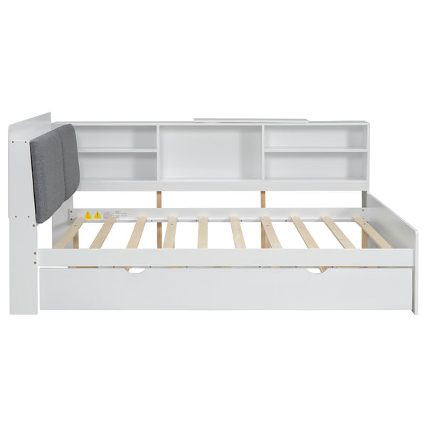 English Elm Wood Full Size platform bed with trundle, built-in storage headboard and shelves, sturdy pine frame White GX002055AAK