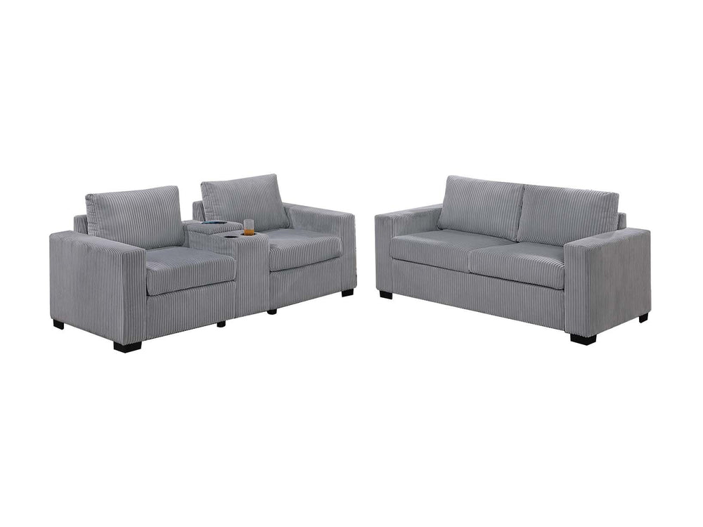 English Elm Elegant Wide-Welt Corduroy 2-Piece Sofa Set with Console Charging Station, Cup Holders, Loveseat Light Gray 33 L x 23 W x 36 H B011S01743
