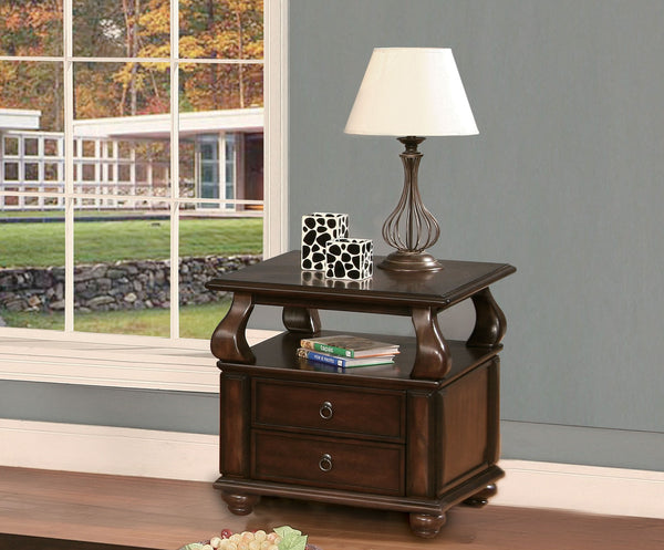 English Elm Walnut 2-Drawer End Table with Open Shelf, Rich Finish, Round Bun Legs for Stylish Storage and Charm B062P209058