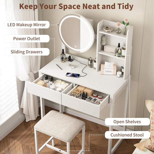 English Elm Small Bedroom Vanity Desk with Led Mirror Cushioned Stool Power Outlet and Storage White W3587P462329