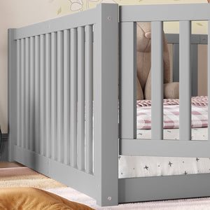 English Elm Twin Floor Bed Pine Wood Frame with Guardrails and Door for Safe Toddler Sleep Gray W1580P418052
