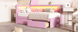 English Elm Upholstered Twin Platform Bed with USB Ports, LED Light Belt, Linen Backrest & 2 Storage Drawers Pink DL001926AAH