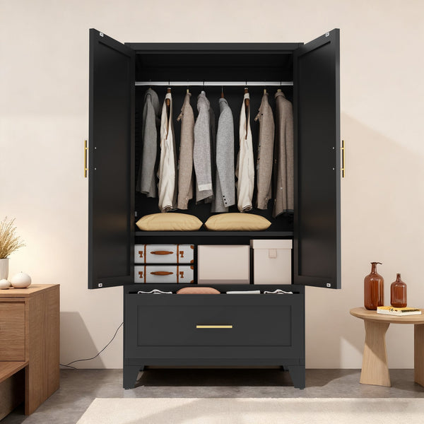 English Elm 60" Powder-coated Steel Wardrobe with Hanging Rod Drawer and Shelf for Slim Spaces W3387P396209