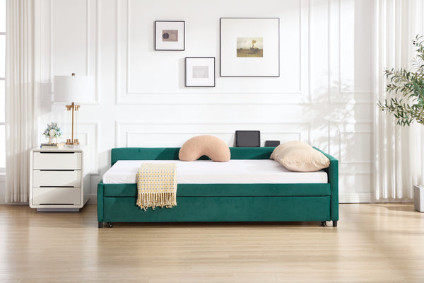 English Elm Upholstered Velvet Daybed with Pull Out Trundle Diamond Tufted Guest Bedroom Sofa Emerald W1361S00065