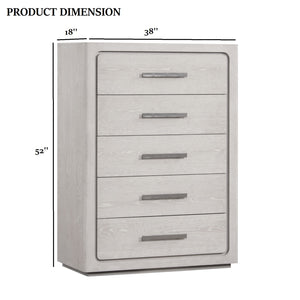 English Elm Unique Contemporary Chest with Cultured Stone Top, Reeded Panels, Silver Accents, Dovetail Drawers and Chrome Legs White Oak 22 L x 41 W x 56 H B2741P370872
