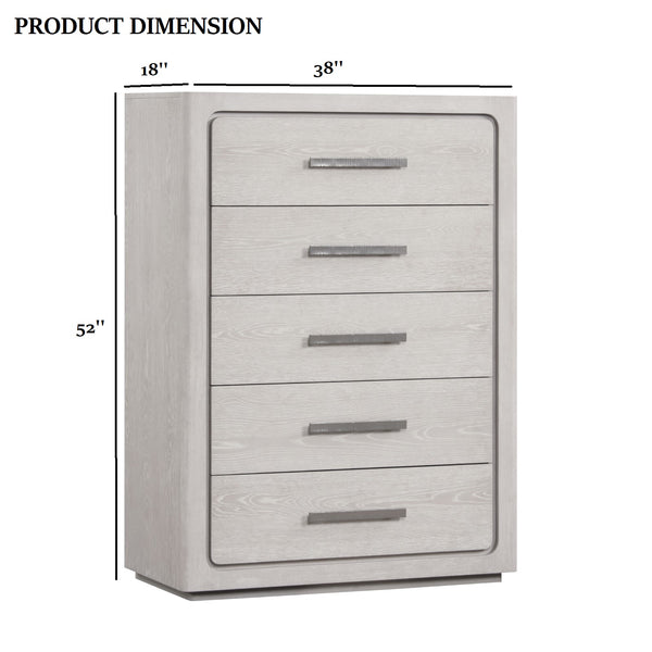 English Elm Unique Contemporary Chest with Cultured Stone Top, Reeded Panels, Silver Accents, Dovetail Drawers and Chrome Legs White Oak 22 L x 41 W x 56 H B2741P370872