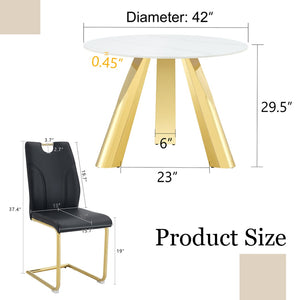 English Elm Table 7-Piece Dining Set With Snow Mountain White Sintered Stone Top & Stylish Black Chairs With Gold Legs W2920S00048-GIGA