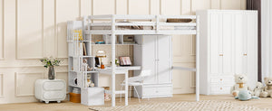 English Elm Twin Over Full Bunk Bed Solid Pine Frame with Built-in Slide and Storage Staircase White W504S00264