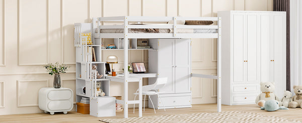 English Elm Twin Over Full Bunk Bed Solid Pine Frame with Built-in Slide and Storage Staircase White W504S00264