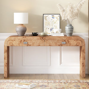 English Elm U_style Burl Veneer Console Table with Two Drawers for Foyer Living Room Hallway Natural Wood+Brown N711P216235D