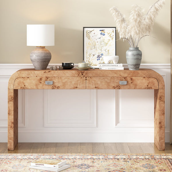 English Elm U_style Burl Veneer Console Table with Two Drawers for Foyer Living Room Hallway Natural Wood+Brown N711P216235D