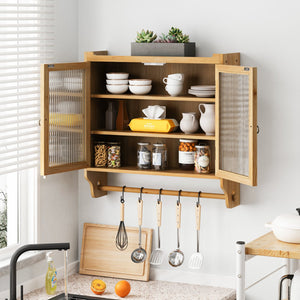 English Elm 24.8''Glass Vintage Double Door Wall Cabinet with 3-Tier Solid Wood Storage, Towel Rack, Natural W757P170145