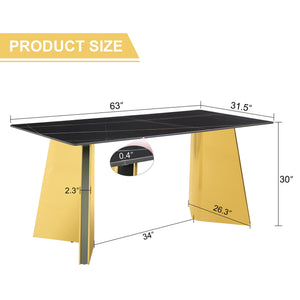 English Elm 63"x31.5x30" Marble Slab Rectangular Dining Table with Sculptural Butterfly Stainless Legs Black,Gold W1151S04617