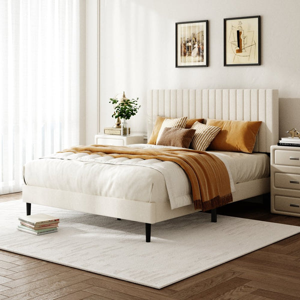 English Elm Queen Velvet Tufted Platform Bed Adjustable Headboard Steel Frame No Box Spring Beige W5239P502685