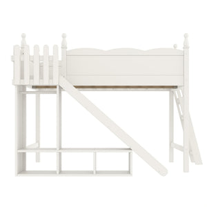 English Elm Queen Solid Pine Loft Bed with Wardrobe Shelves Detachable Slide and Dual Sleeping Zones Beige W5305S00028