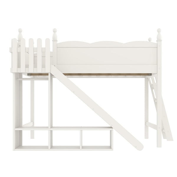 English Elm Queen Solid Pine Loft Bed with Wardrobe Shelves Detachable Slide and Dual Sleeping Zones Beige W5305S00028