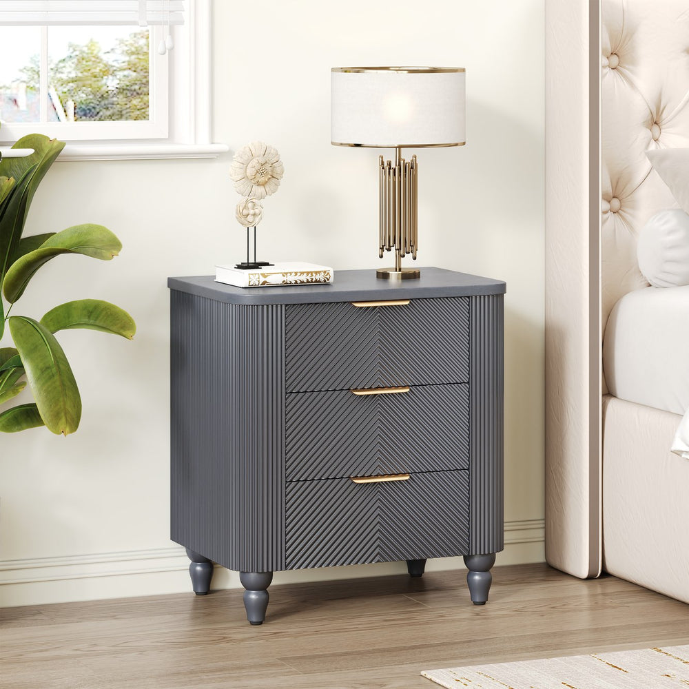 English Elm Mid-century Fluted 3 Drawer Nightstand with Gourd Legs and Gold Tone Handles for Bedroom Dark Gray N761P285712D