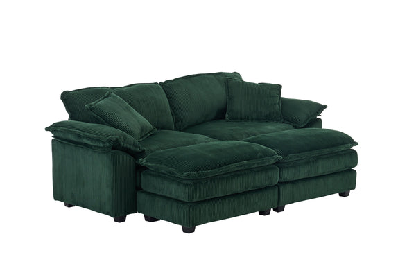 English Elm Corduroy Plush 2-Seat Sofa with 2 Back Cushions, Toss Pillows & Ottomans — Deep Seat Comfort Green W2363S00065