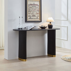 English Elm Length 59 Inch Mdf Wood Veneer Console Table Brushed Gold Steel Base Modern Entryway Black W2582P406099