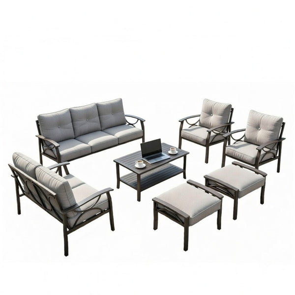 English Elm 7-piece Outdoor Sectional Set Steel Frame 9 Seat Patio Conversation with Cushioned Ottomans Gray B082S00125