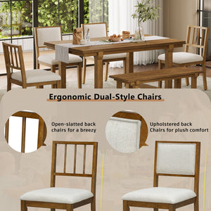 English Elm Trexm Farmhouse Dining Set Seats Six Oak Veneer Table Mixed Chairs Bench Included Beige,Walnut ST000156AAD