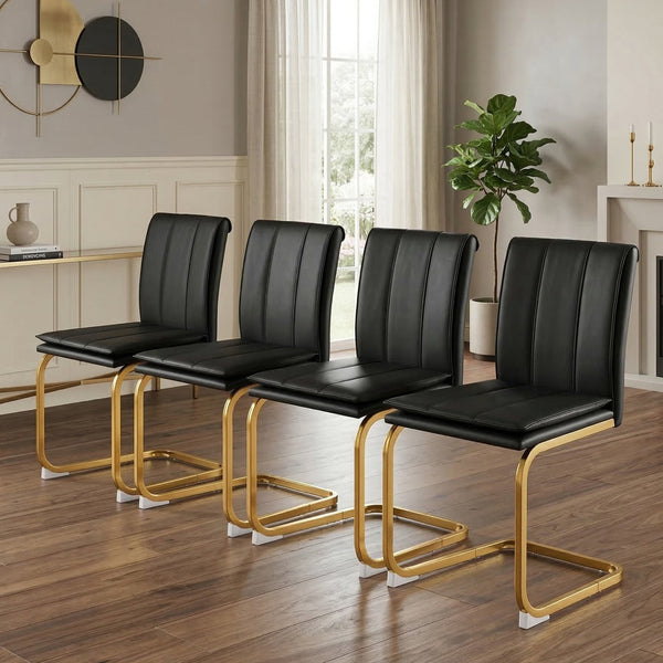 English Elm Modern Pu Leather Cantilever Dining Chairs Set of 4 with Steel Arc Frame for Kitchen Black+Gold W5123P454213