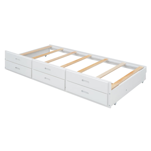 English Elm Twin Storage Bed with Headboard Outlets, Extendable Trundle & 3 Drawers, Durable MDF/Plywood Design White 80.5 L x 17.75 W x 5.25 H N733S172839K