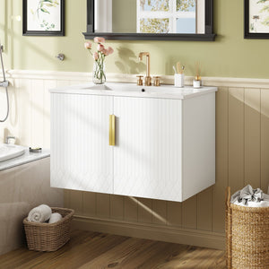 English Elm 30" Vintage Bathroom Vanity with Ceramic Sink — Wall-Mount MDF & Solid Wood Cabinet, Storage, Sleek Finish White N710P214100K