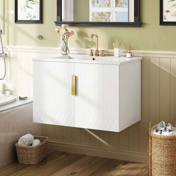 English Elm 30" Vintage Bathroom Vanity with Ceramic Sink — Wall-Mount MDF & Solid Wood Cabinet, Storage, Sleek Finish White N710P214100K