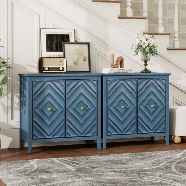 English Elm Geometric Diamond Embossed Sideboard Cabinet Matte Vintage Mdf Entryway Storage Blue W688P364739