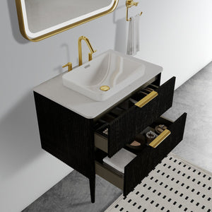 English Elm Elena 30" Striped Oak Bathroom Vanity with Ceramic Sink, Freestanding or Wall-Mount, Soft-Close Drawers Black W1865S00079