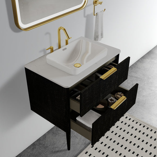 English Elm Elena 30" Striped Oak Bathroom Vanity with Ceramic Sink, Freestanding or Wall-Mount, Soft-Close Drawers Black W1865S00079