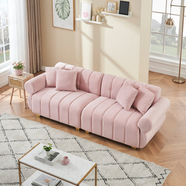 English Elm 89-inch velvet 3-seater sofa with spring cushions, gold metal legs, washable pillowcases, 500lb capacity Pink W1658S00152