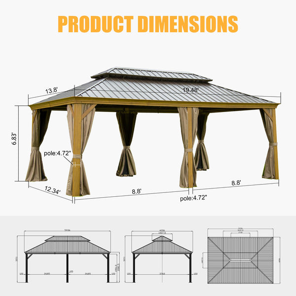 English Elm 14x20FT Hardtop Gazebo with Galvanized Double Roof, Aluminum Frame, Drainage System, Curtains & Netting Yellow Brown W1859S00099