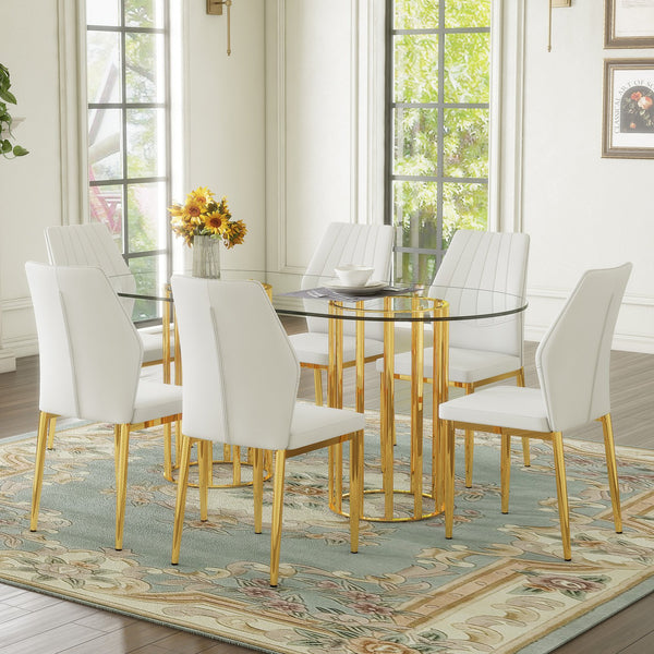 English Elm Table and Chair Set Oval Tempered Glass Top with Gold Base Glam Dining Room 7 Piece Transparent,White+Gold W1151S04728