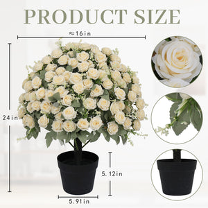 English Elm 24-inch Faux Rose Arrangement Uv Resistant Silk Blooms Set of Two Cement Potted Decor White+Green W2945P458423