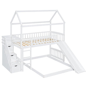 English Elm Twin Over Full Bunk Bed Playhouse Frame with Slide Staircase and Storage Drawers LT100129AAK