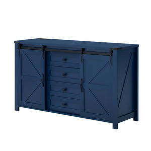 English Elm U-style Farmhouse Sideboard Barn Door Buffet with Drawers Built-in Outlet Dining Navy Blue N711P347377V