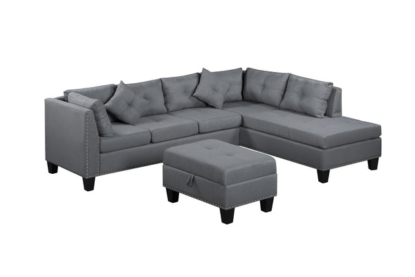 English Elm 104.5" Upholstered Sofa Chaise & Ottoman Gray - Coin-Spring Cushions, Storage Ottoman, Solid Wood Frame W2297S00018