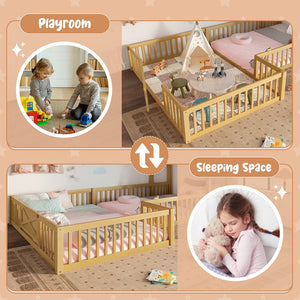 English Elm Full Full Size House Floor Bed with Door & Guardrails, Solid Wood Playful Design for Kids, Safe and Durable Natural W1580P327131