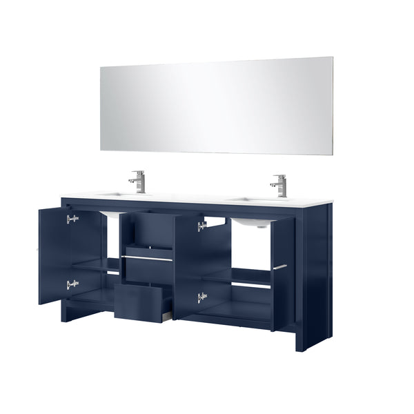 English Elm Navy Blue Double Bath Vanity Set With White Quartz Top, Chrome Faucet & 70-Inch Mirror For Elegance B2731S01741