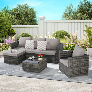 English Elm 3 Piece Outdoor Pe Rattan L-shaped Sectional Set with Ottoman and Tempered Glass Table Light Gray W874S00050