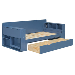 English Elm Full Size Daybed with Hydraulic Desk Armrests Storage Drawer and Sofa Seating Blue LT000271AAC