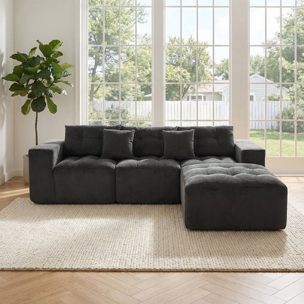 English Elm 101" Modular Cloud Sectional Corduroy Upholstered Sofa Reversible Chaise Living Room Gray W1170S00056