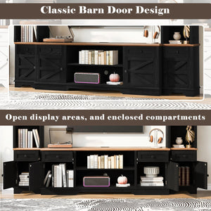 English Elm U-can Farmhouse Wall Unit with Barn Doors Built-in Power Outlets and Open Shelving Black+Brown SJ000154AAB