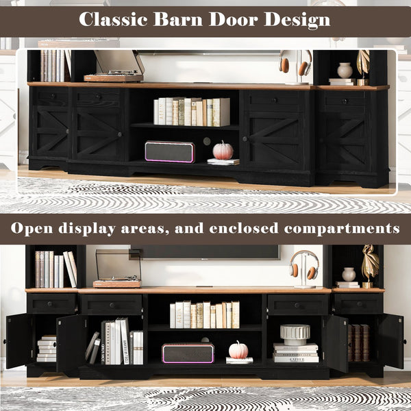 English Elm U-can Farmhouse Wall Unit with Barn Doors Built-in Power Outlets and Open Shelving Black+Brown SJ000154AAB
