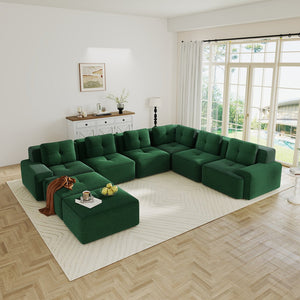 English Elm Modular Corduroy Sectional Sofa 6 Seat V Shaped Corner Couch with Ottomans Living Room Green W714S01584